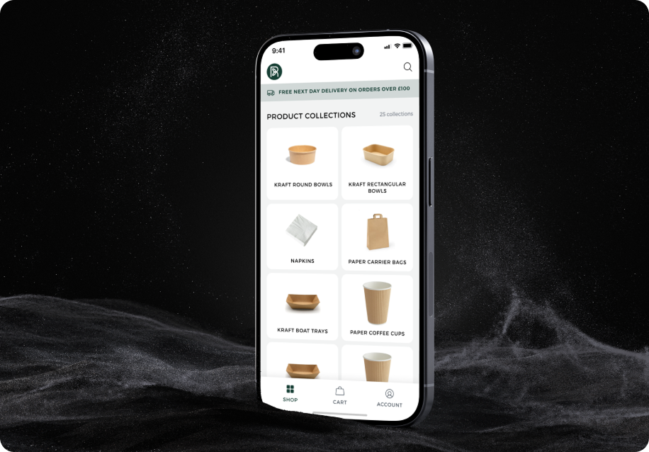 Reborn Packaging product collections screen shown on a phone against a dark background